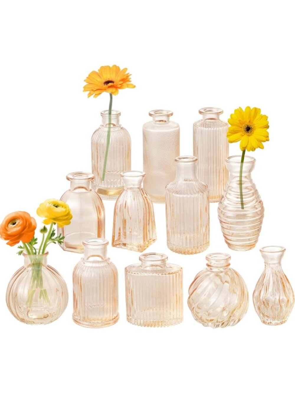 Set of 12 Amber Glass Bud Vases - Vintage Ribbed Centerpieces for Home Decor